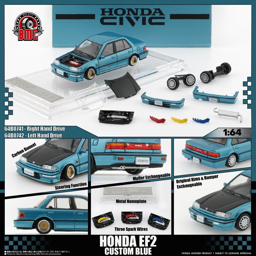 (PRE-ORDER) BM Creations 1:64 HONDA CIVIC EF2 1991 - Custom Blue with Black Bonnet LHD 64B0472