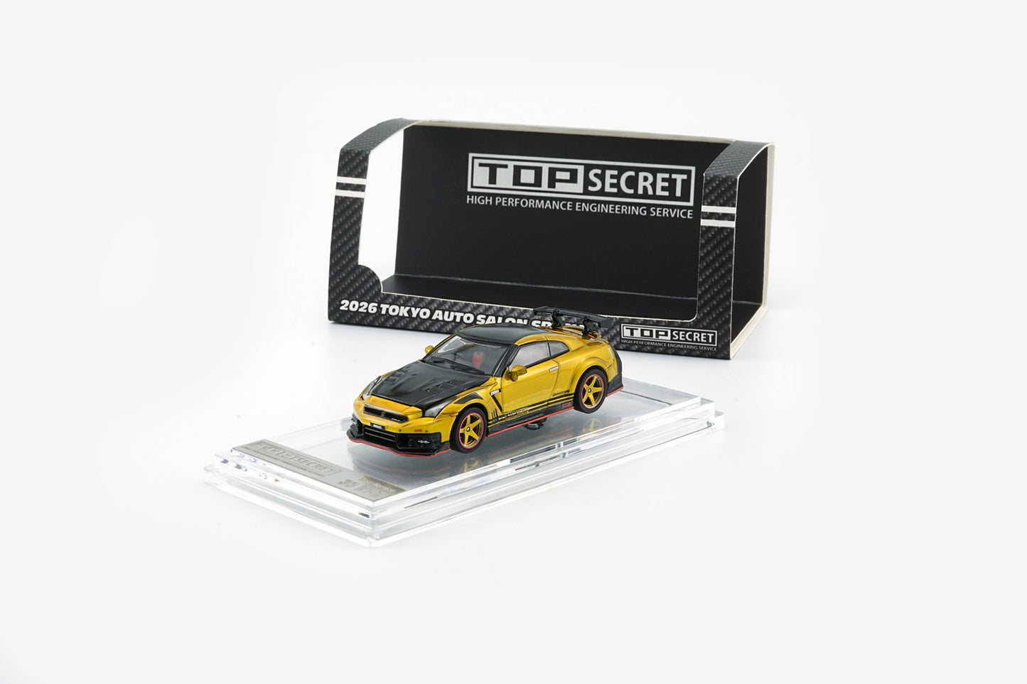 (PRE-ORDER) BM Creations 1:64 Top Secret R35 GT-R GOLD with Carbon Bonnet (TAS Tokyo 2026 Limited Version) RHD (Acrylic Display Box / Top Secret official licensed / Number Plated) 64B0494