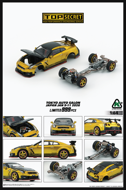 (PRE-ORDER) BM Creations 1:64 Top Secret R35 GT-R GOLD with Carbon Bonnet (TAS Tokyo 2026 Limited Version) RHD (Acrylic Display Box / Top Secret official licensed / Number Plated) 64B0494
