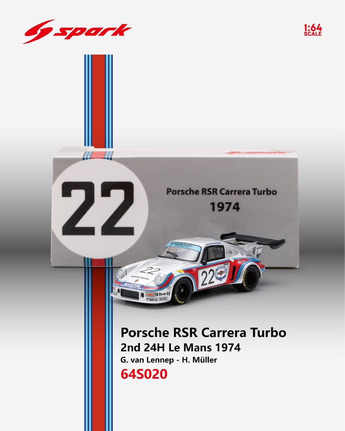 (PRE-ORDER) SPARK 1:64 Porsche RSR Carrera Turbo No.22 2nd 24H Le Mans 1974 G. van Lennep - H. Müller 64S020