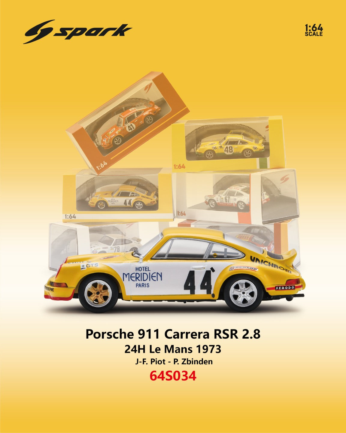 (PRE-ORDER) SPARK 1:64 Porsche 911 Carrera RSR 2.8 No.44 24H Le Mans 1973 J-F. Piot - P. Zbinden 64S034