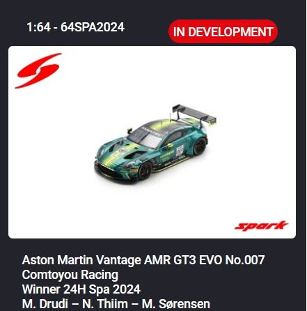 (PRE-ORDER) SPARK 1:64 Aston Martin Vantage AMR GT3 EVO No.007 Comtoyou Racing Winner 24H Spa 2024 M. Drudi – N. Thiim – M. Sørensen 64SPA2024
