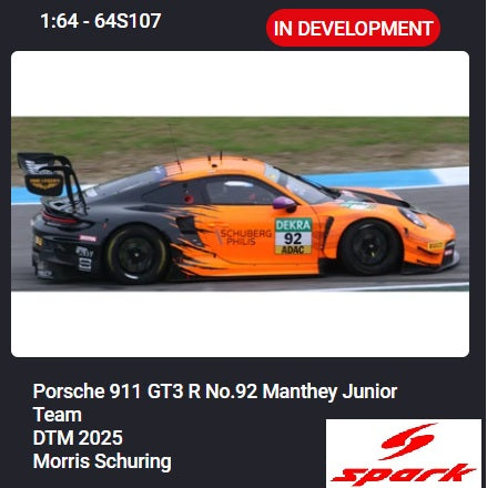 (PRE-ORDER) SPARK 1:64 Porsche 911 GT3 R No.92 Manthey Junior Team DTM 2025 Morris Schuring 64S107
