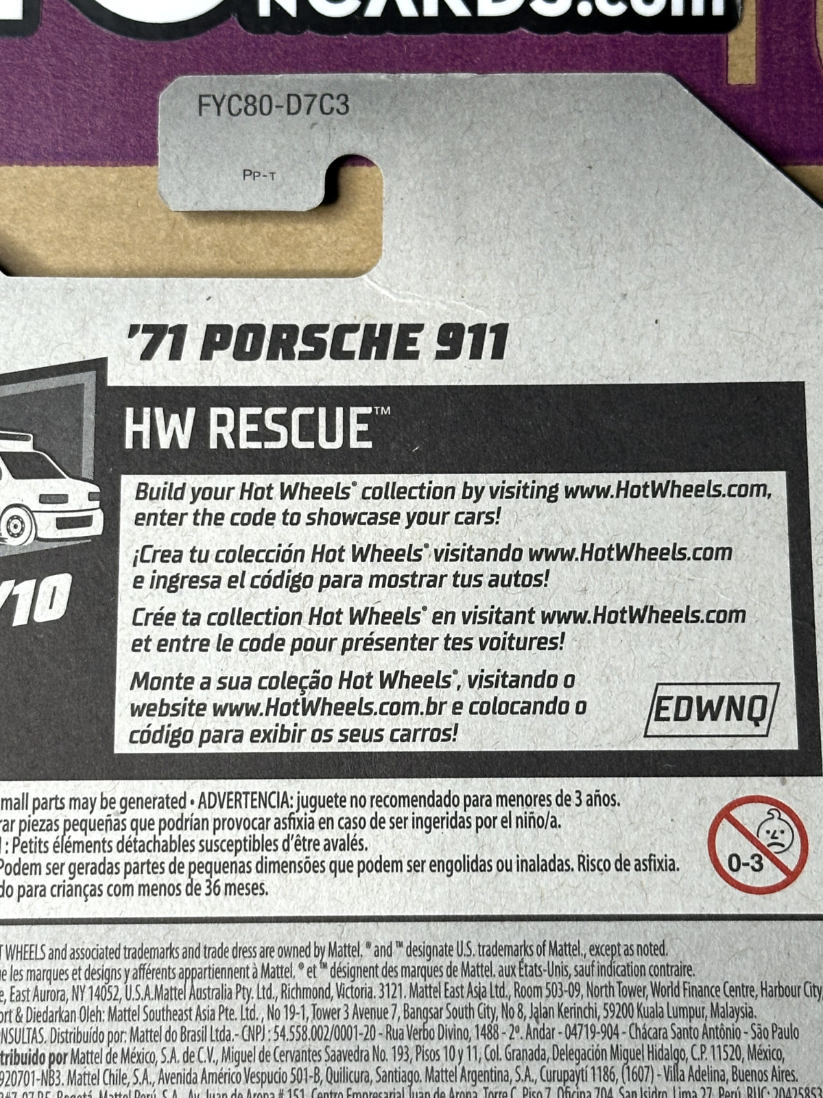 2019 Hot Wheels HW Rescue 3/10 Polizei '71 Porsche 911 (Small Card Crease)