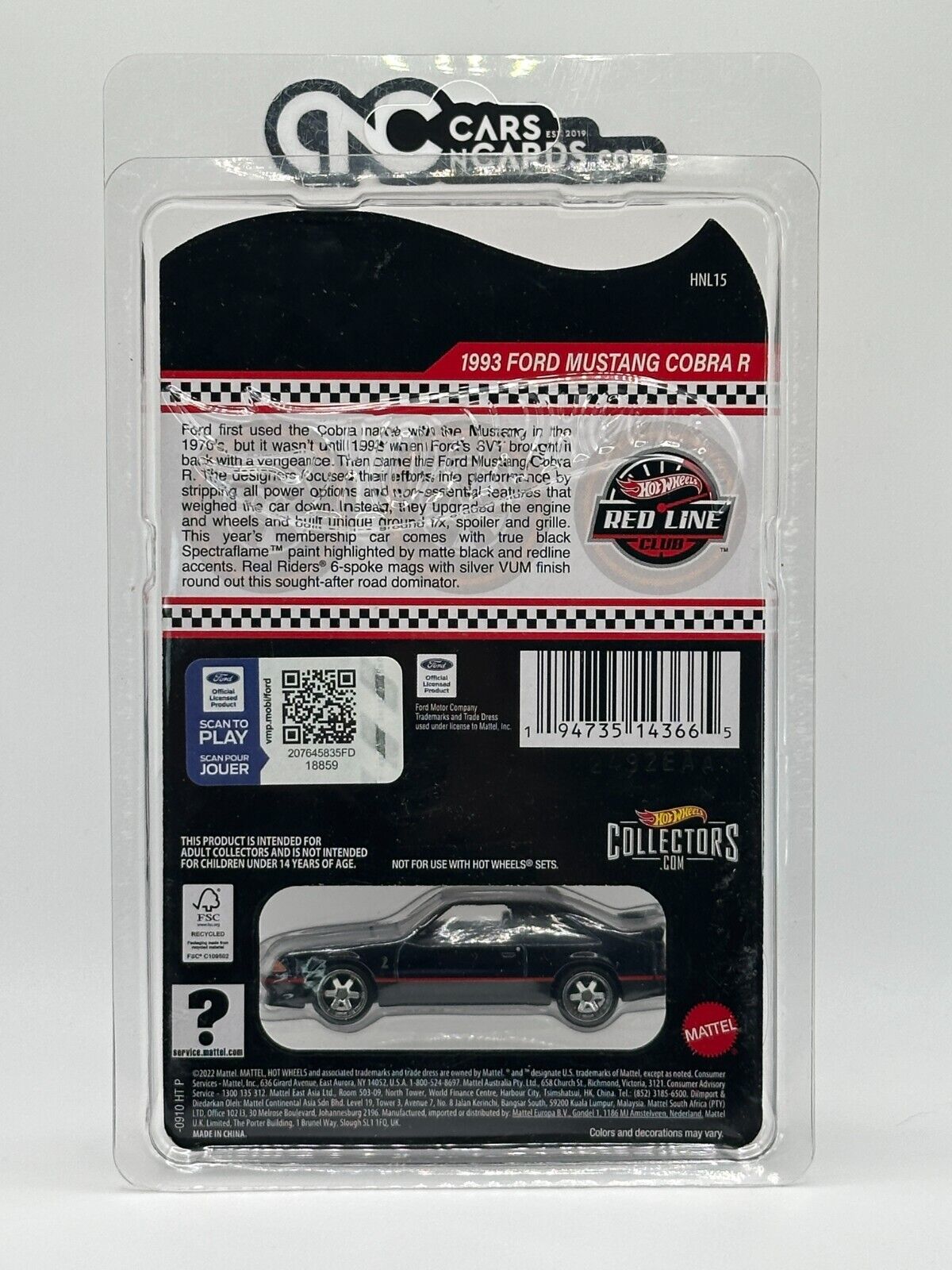 2023 Hot Wheels RLC Red Line Club 1993 Ford Mustang Cobra R Black No Pin/Patch