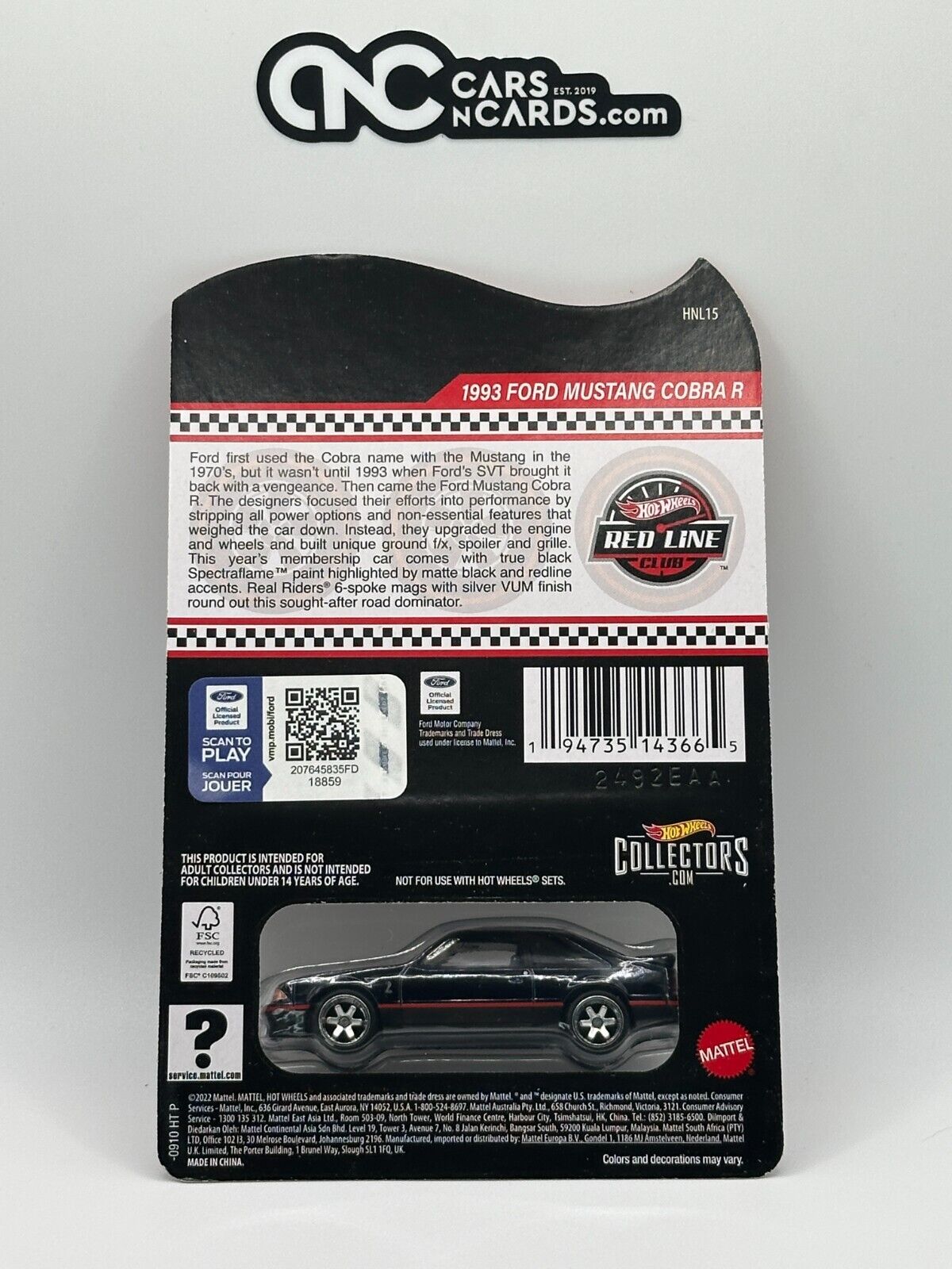 2023 Hot Wheels RLC Red Line Club 1993 Ford Mustang Cobra R Black No Pin/Patch