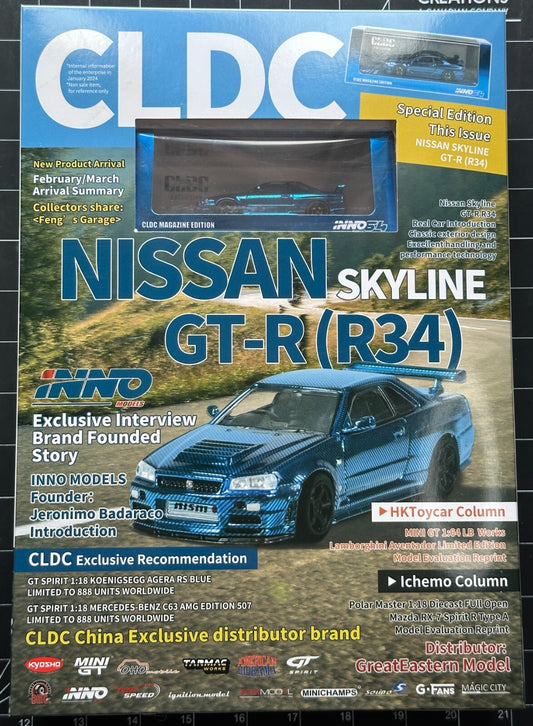 INNO64 x CLDC 1:64 Nissan Skyline GT-R (R34) Chrome Blue Carbon Limited Magazine