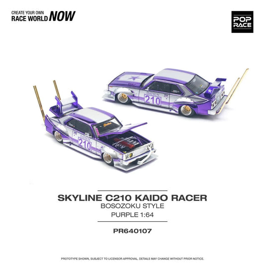 POPRACE 1:64 SKYLINE C210 KAIDO RACER (BOSOZOKU STYLE) PURPLE CHROME/SILVER PR64