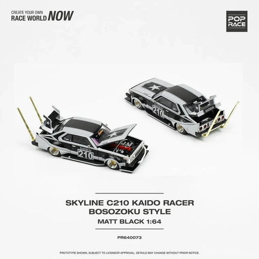 POPRACE 1:64 Skyline C210 Kaido Racer - Bosozoku Style Matt Black PR640073