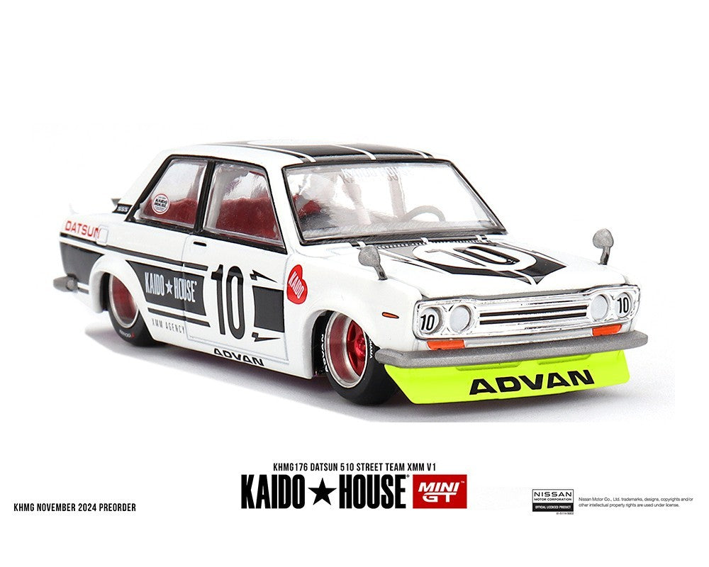 Kaido House x Mini GT 1:64 Datsun 510 Street Team XMM V1- White Sealed