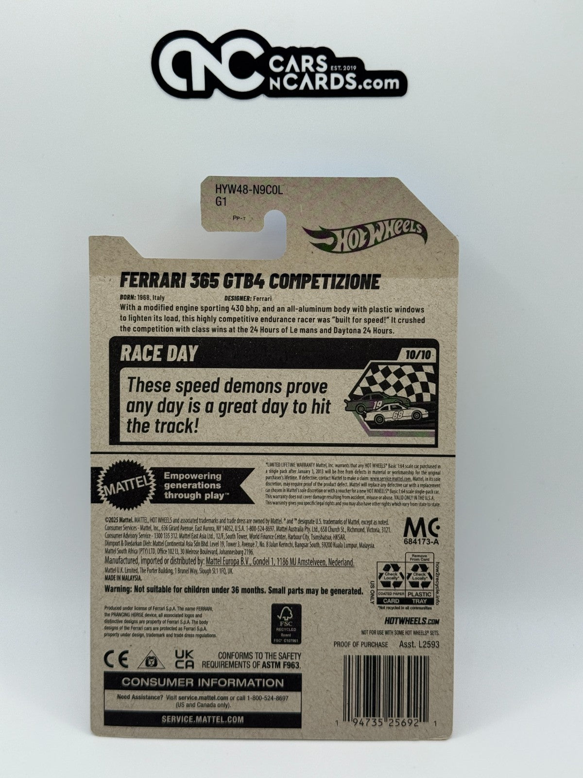 2025 Hot Wheels Race Day 10/10 Ferrari 365 GTB4 Competizione (Soft Corners)