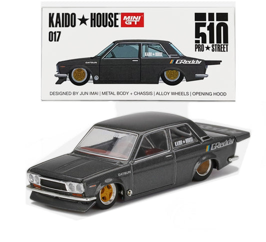 Kaido House x Mini GT 1:64 017 Datsun 510 Pro Street Gun Metal GReddy Open Box