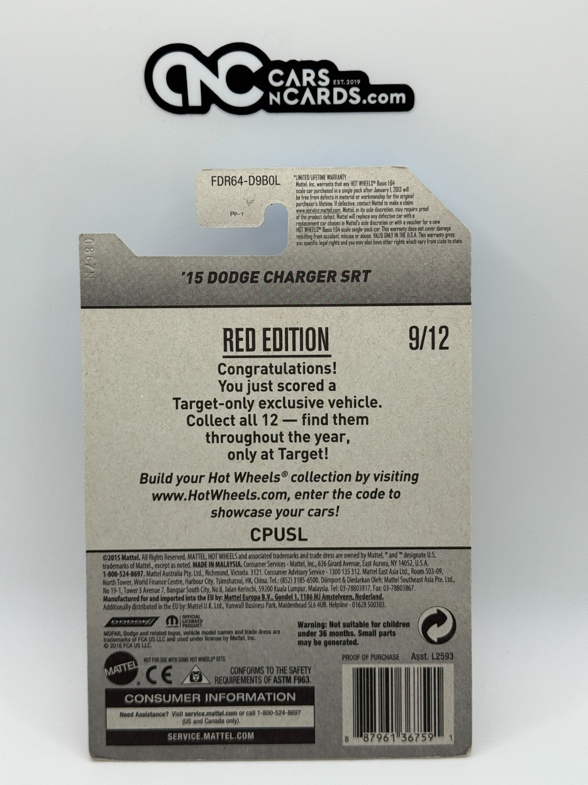 2017 Hot Wheels Red Edition 9/12 '15 Dodge Charger SRT Mopar