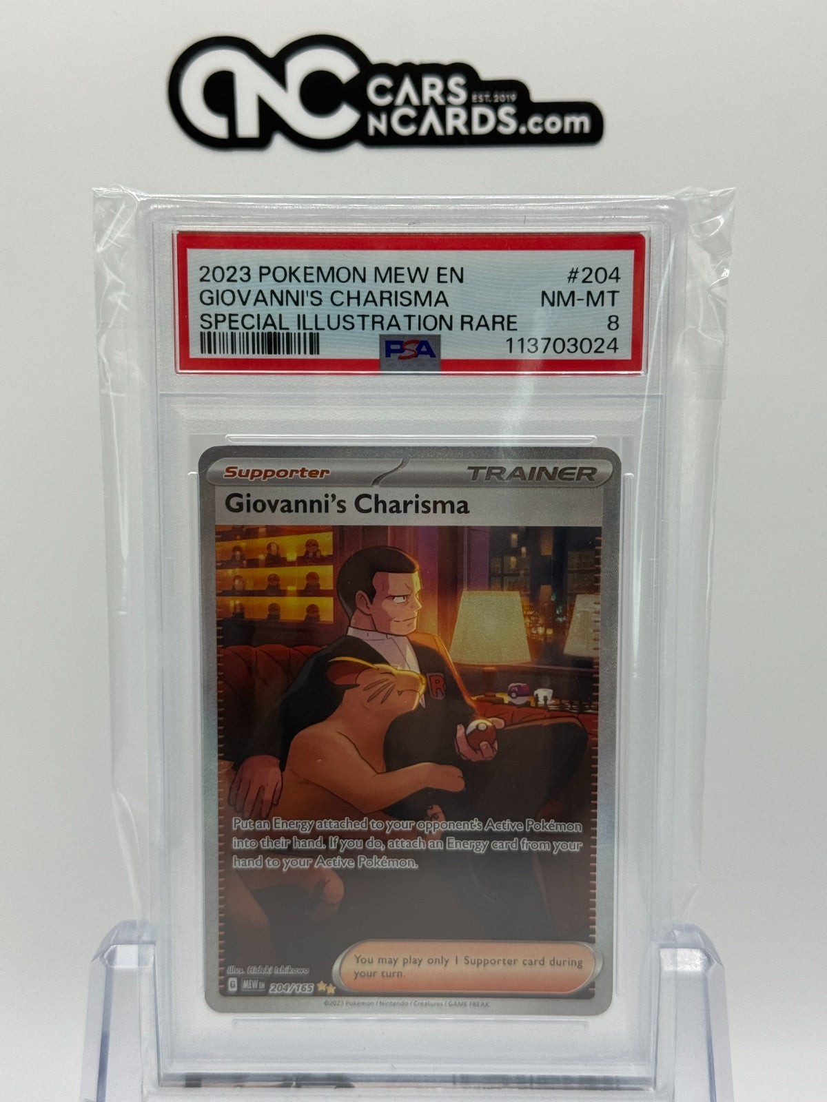 2023 POKEMON MEW EN-151 #204 GIOVANNI'S CHARISMA SPECIAL ILLUSTRATION RARE PSA 8
