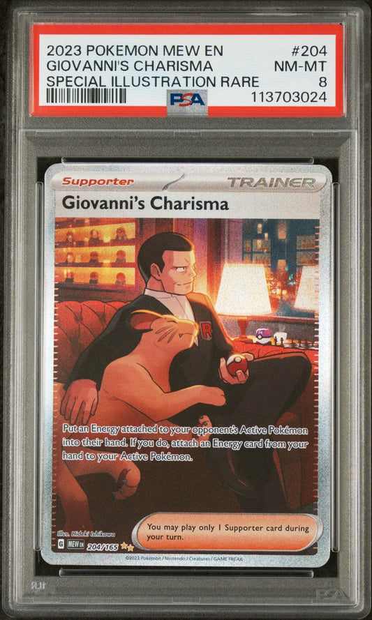 2023 POKEMON MEW EN-151 #204 GIOVANNI'S CHARISMA SPECIAL ILLUSTRATION RARE PSA 8