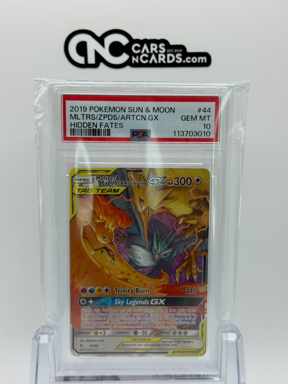2019 POKEMON SUN & MOON HIDDEN FATES #44 MLTRS/ZPDS/ARTCN.GX HIDDEN FATES PSA 10
