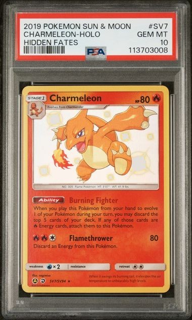 2019 POKEMON SUN & MOON HIDDEN FATES #SV7 CHARMELEON-HOLO HIDDEN FATES PSA 10