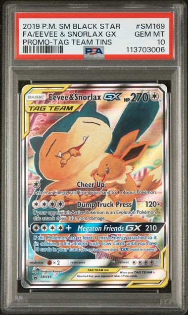 2019 POKEMON SM BLACK STAR PROMO #SM169 FA/EEVEE & SNORLAX GX TAG TEAM PSA 10