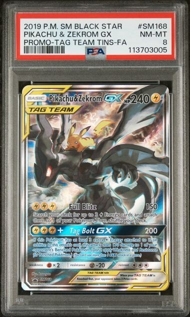 2019 POKEMON SM BLACK STAR PROMO #SM168 PIKACHU & ZEKROM GX PROMO TAG TEAM PSA 8