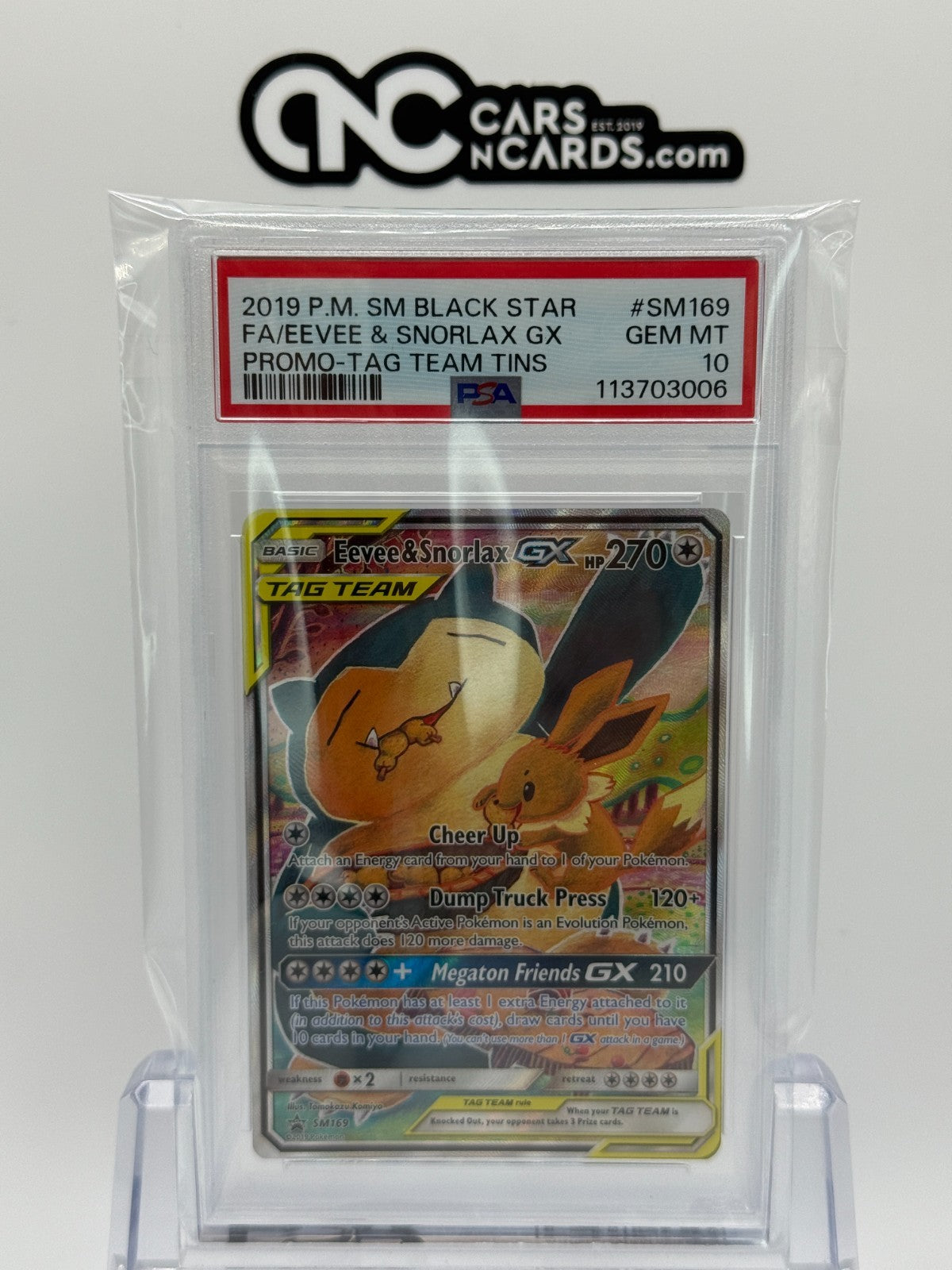 2019 POKEMON SM BLACK STAR PROMO #SM169 FA/EEVEE & SNORLAX GX TAG TEAM PSA 10