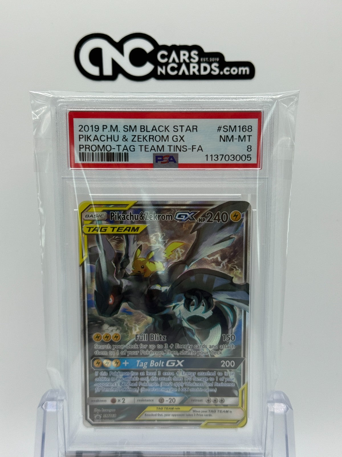 2019 POKEMON SM BLACK STAR PROMO #SM168 PIKACHU & ZEKROM GX PROMO TAG TEAM PSA 8