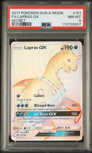 2017 POKEMON SUN & MOON #151 FA/LAPRAS GX SECRET PSA 8