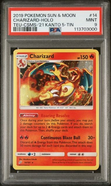 2019 POKEMON SUN & MOON TEAM UP #14 CHARIZARD-HOLO TEU-CSMS-'21 KANTO PSA 9