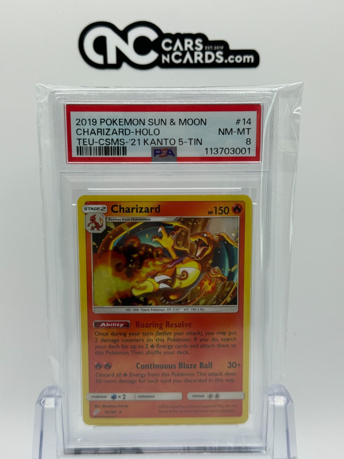 2019 POKEMON SUN & MOON TEAM UP #14 CHARIZARD-HOLO TEU-CSMS-'21 KANTO PSA 8