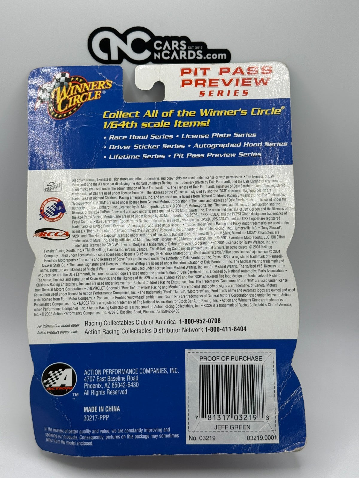 2002 Winner's Circle Pit Pass Series Jeff Green Official Fan AOL #30 Card Damage