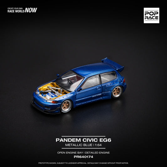 POPRACE 1:64 PANDEM CIVIC EG6 METALLIC BLUE WITH OPEN HOOD PR640174