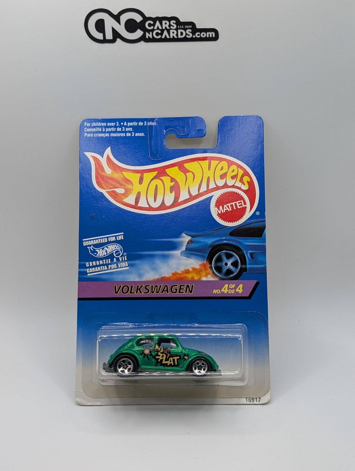 1996 Hot Wheels Volkswagen Bug 4/4 Green Splat! 16917 (Blister Damage)