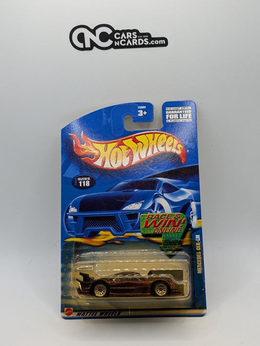 2002 Hot wheels Mercedes CLK-LM Metallic Burgundy Collector #118 (Card Damage)