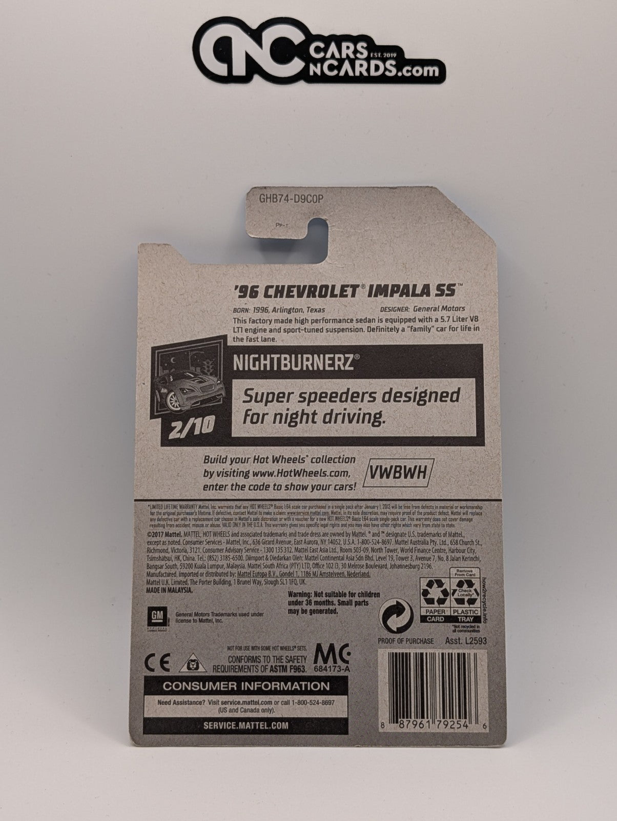 2020 Hot Wheels Nightburnerz 2/10 '96 Chevrolet Impala SS Black (Card Damage)