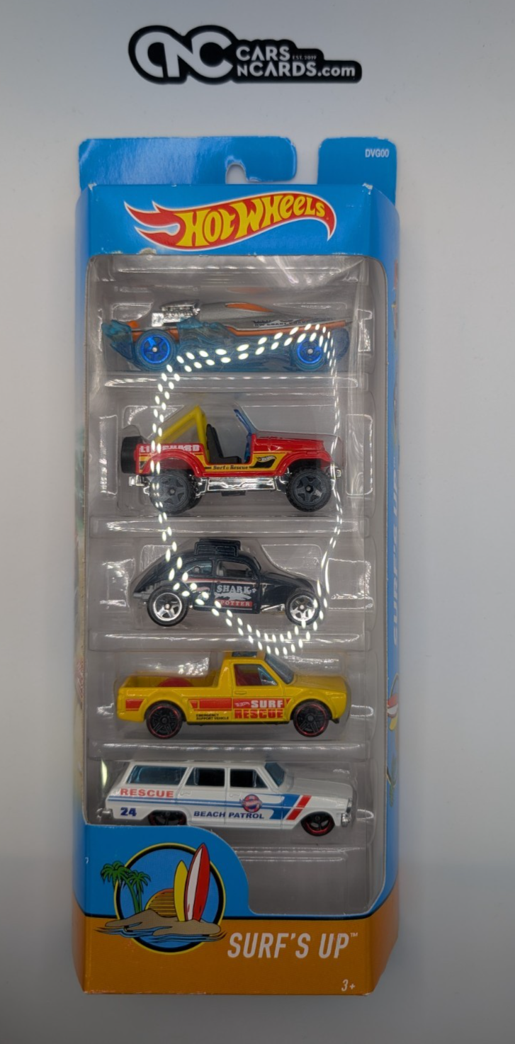 2017 Hot Wheels 5 Pack Surf's Up Jeep CJ-7/Beetle/Caddy/Chevy Nova (Card Damage)