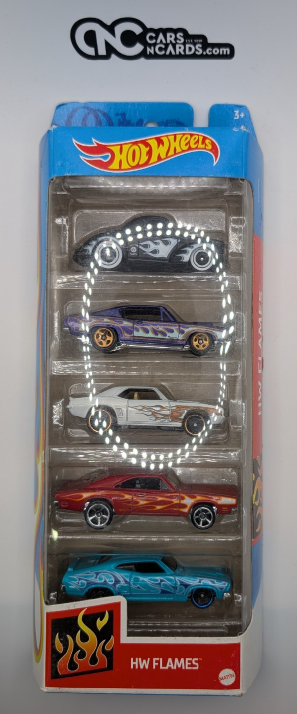 2021 Hot Wheels 5 Pack Flames '41 Willys/Barracuda/Camaro/Charger (Soft Corners)