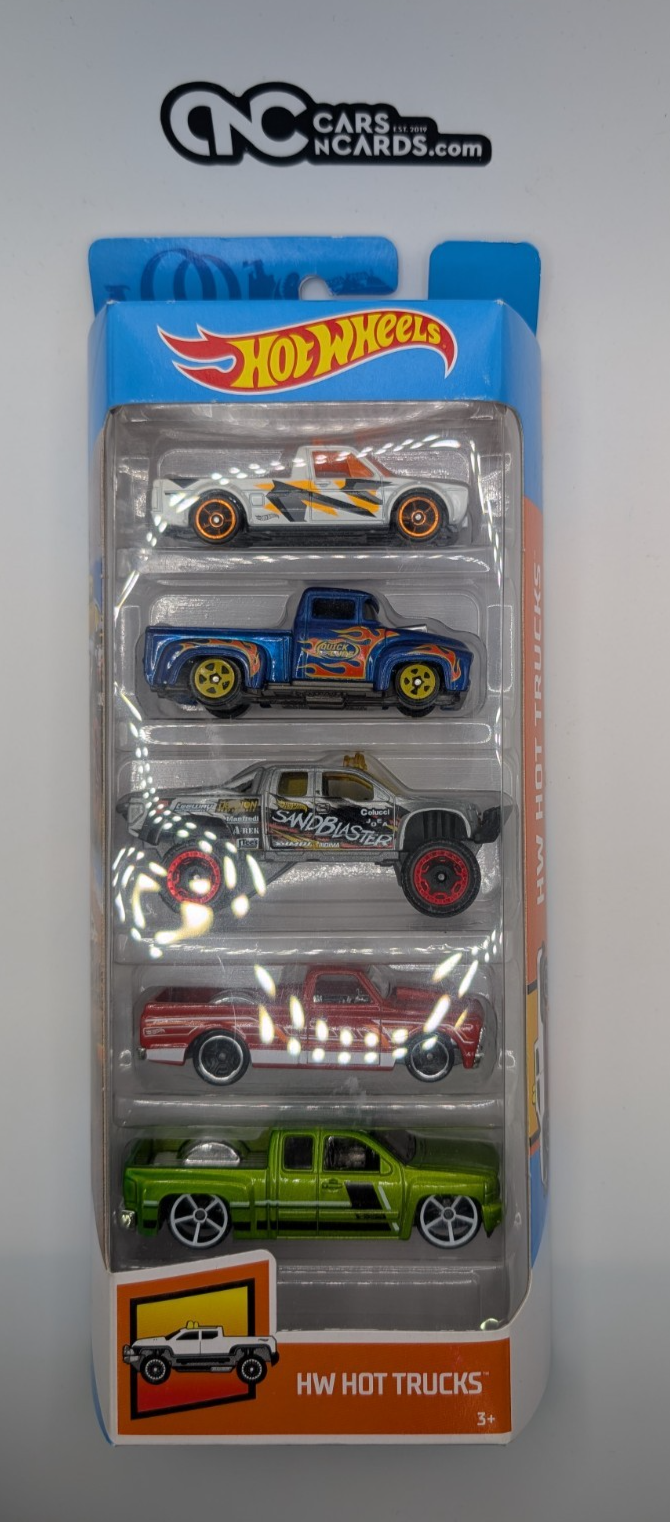 2018 Hot Wheels 5 Pack Hot Trucks Caddy/Ford/Chevy C10/Silverado (Soft Corners)
