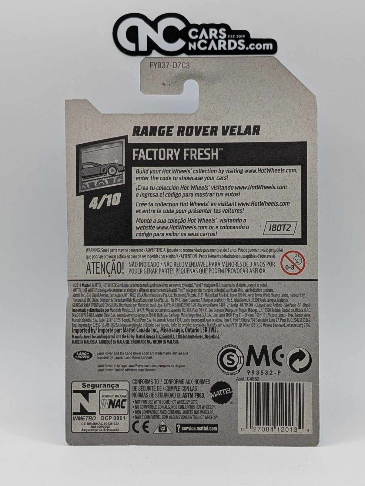 2019 Hot Wheels Factory Fresh 4/10 Ranger Rover Velar 237/250 (Card Damage)