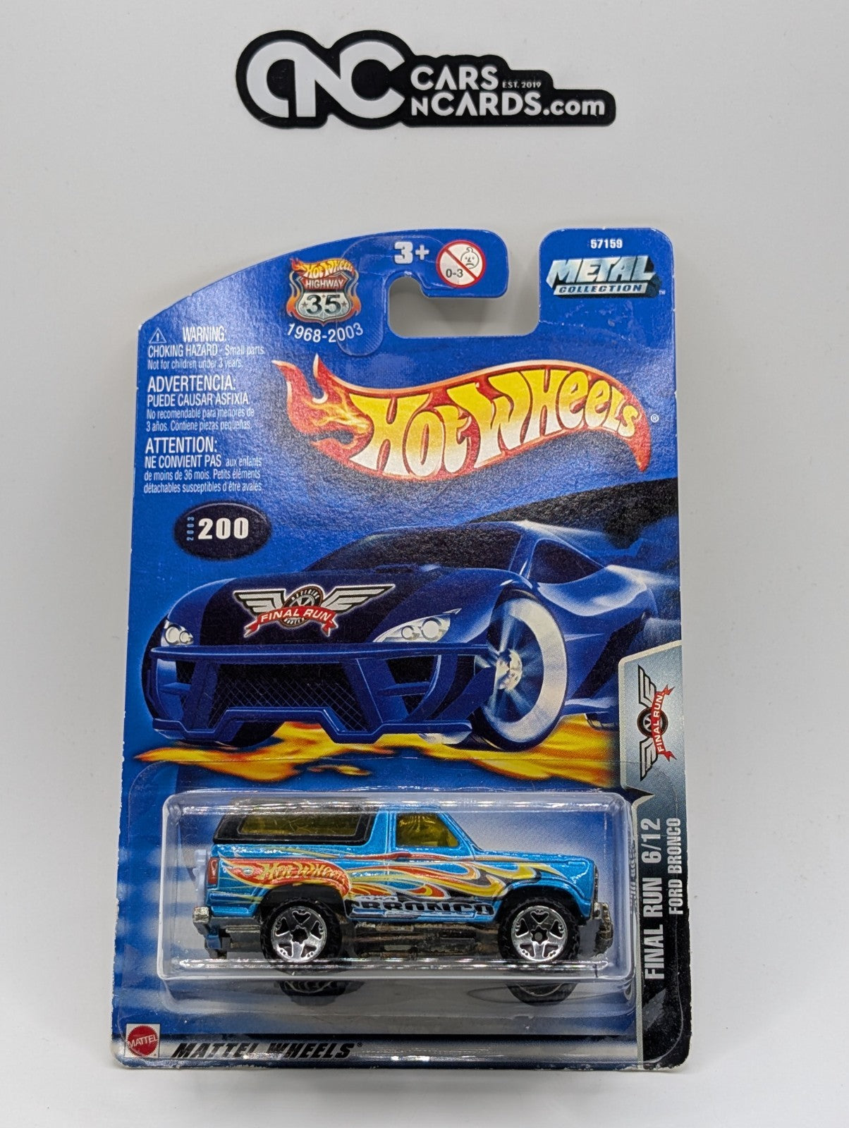2003 Hot Wheels Final Run 6/12 Ford Bronco Blue Collector #200 (Card Crease)