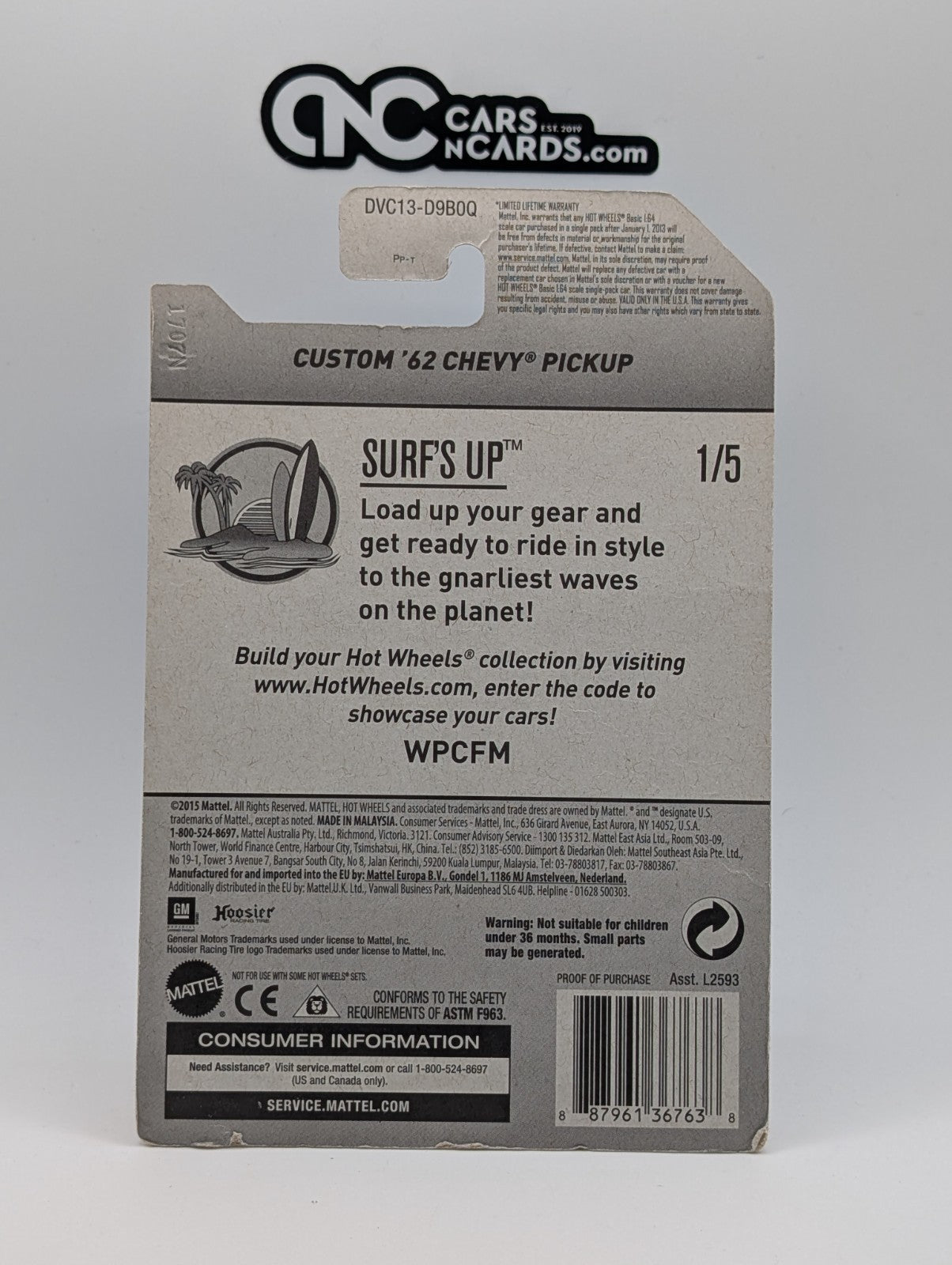 2017 Hot Wheels Surf's Up 1/5 Custom '62 Chevy Pickup 348/365 (Card Damage)