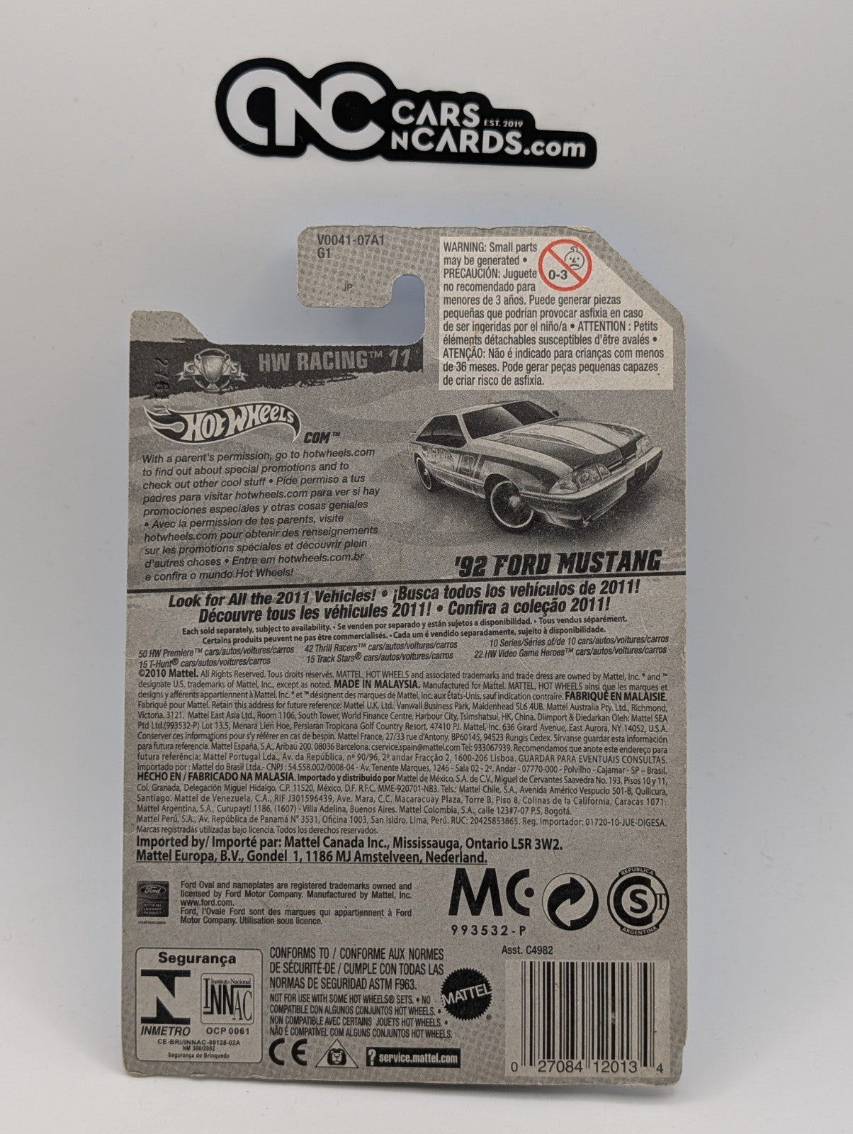2011 Hot Wheels HW Racing 9/10 '92 Ford Mustang White 159/244 (Damaged)