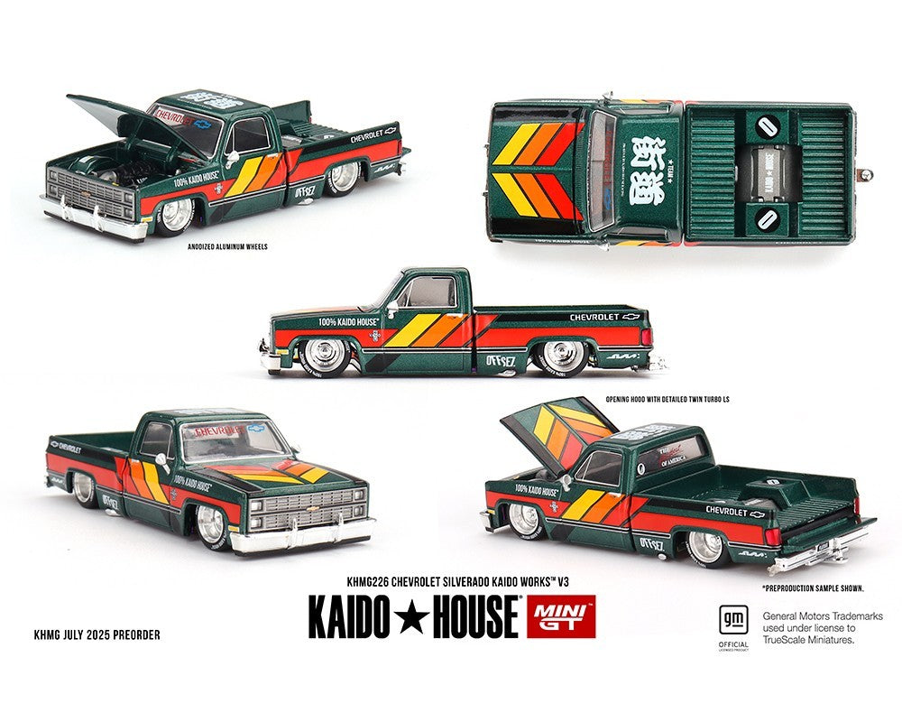 Kaido House x Mini GT 1:64 Chevrolet Silverado KAIDO WORKS V3 -Dark Green Sealed