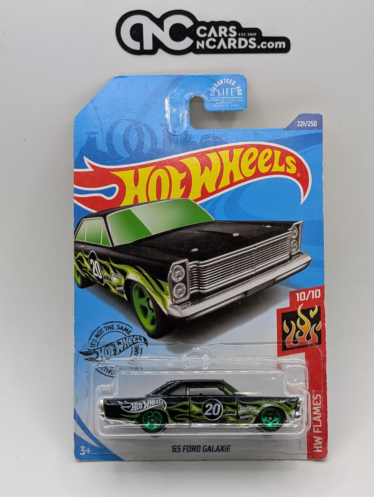 2020 Hot Wheels HW Flames 10/10 '65 Ford Galaxie Black 221/250 (Card Damage)