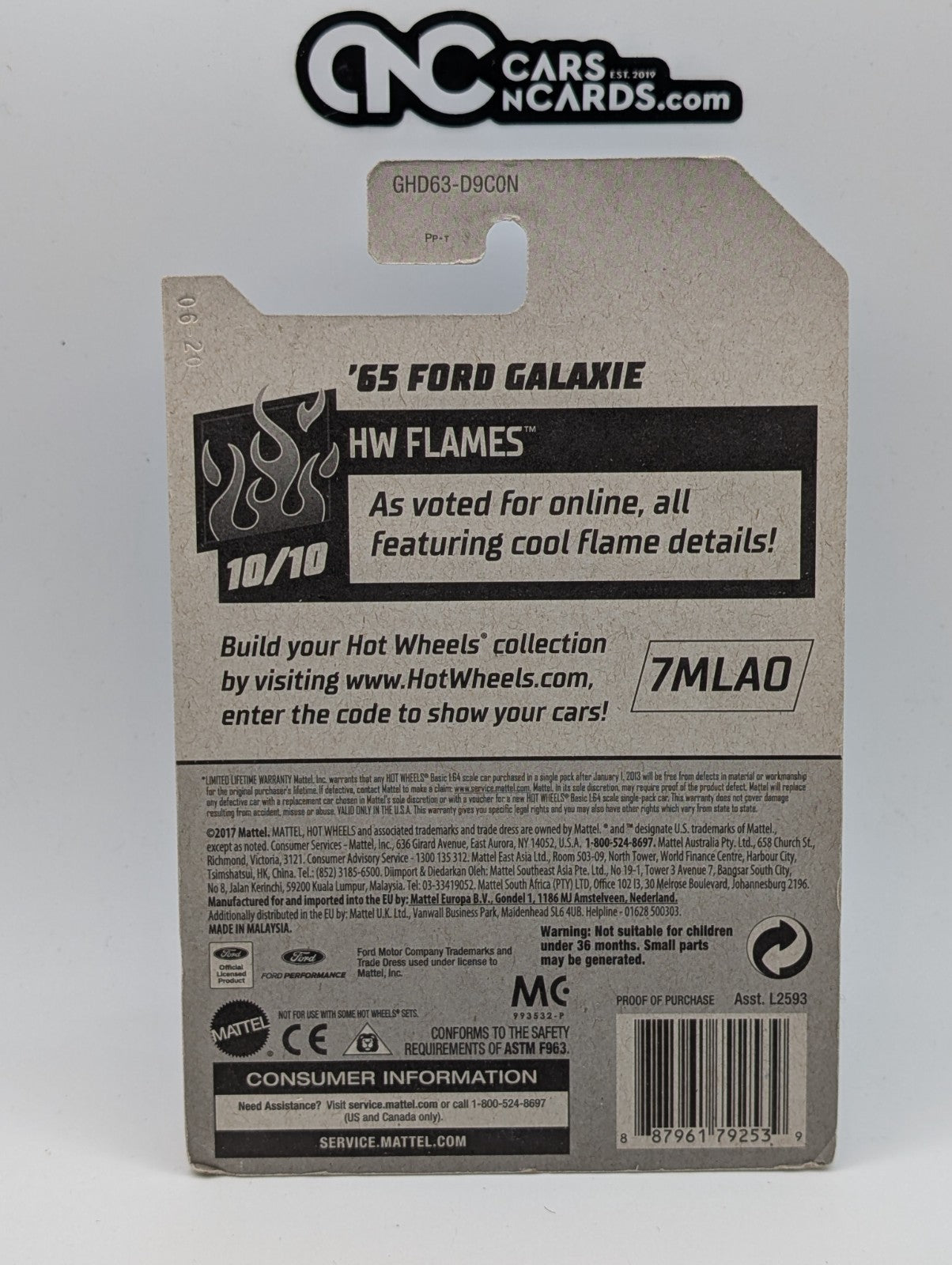 2020 Hot Wheels HW Flames 10/10 '65 Ford Galaxie Black 221/250 (Card Damage)