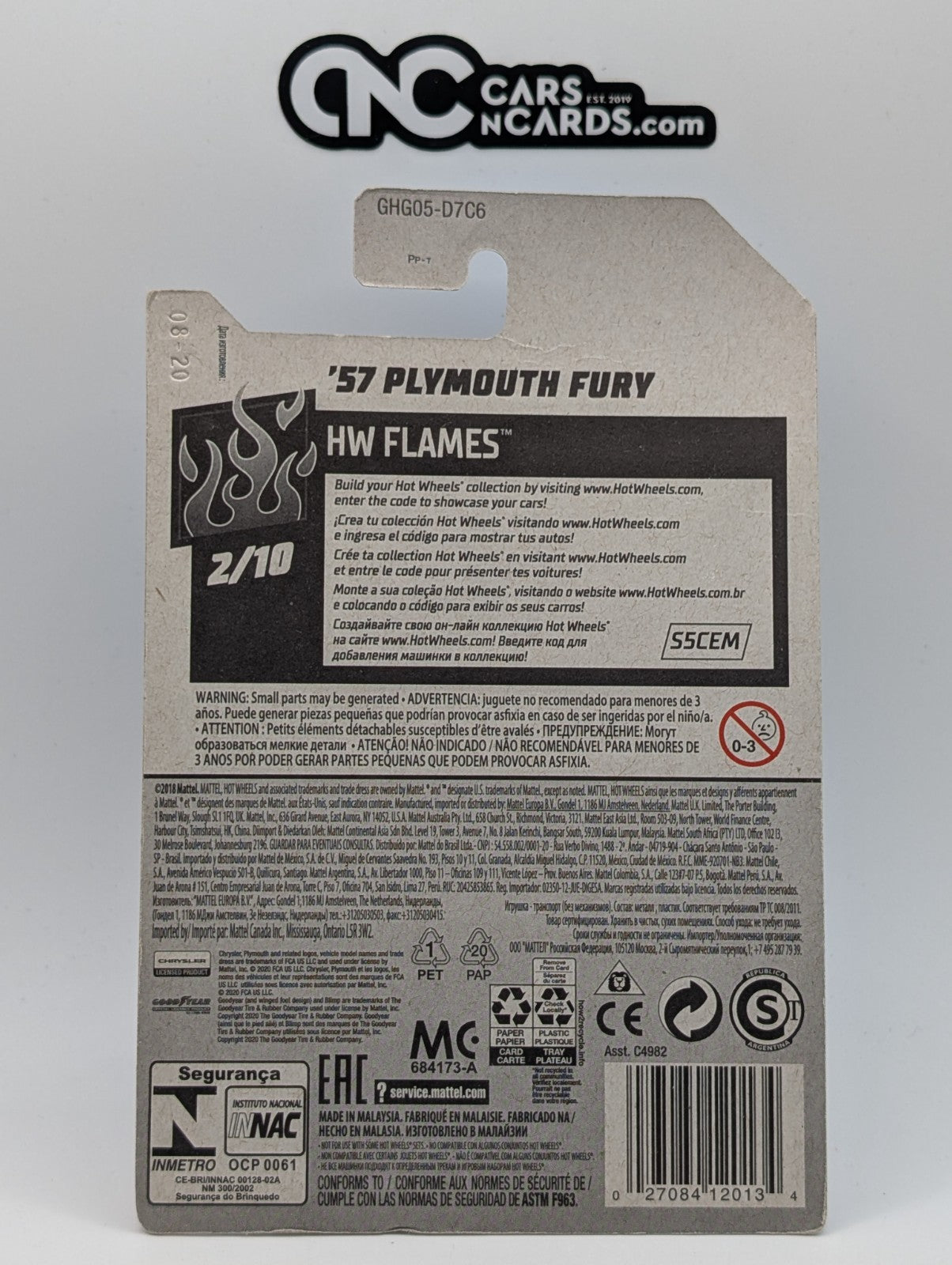 2020 Hot Wheels HW Flames 2/10 '57 Plymouth Fury 168/250 (Card Damage)
