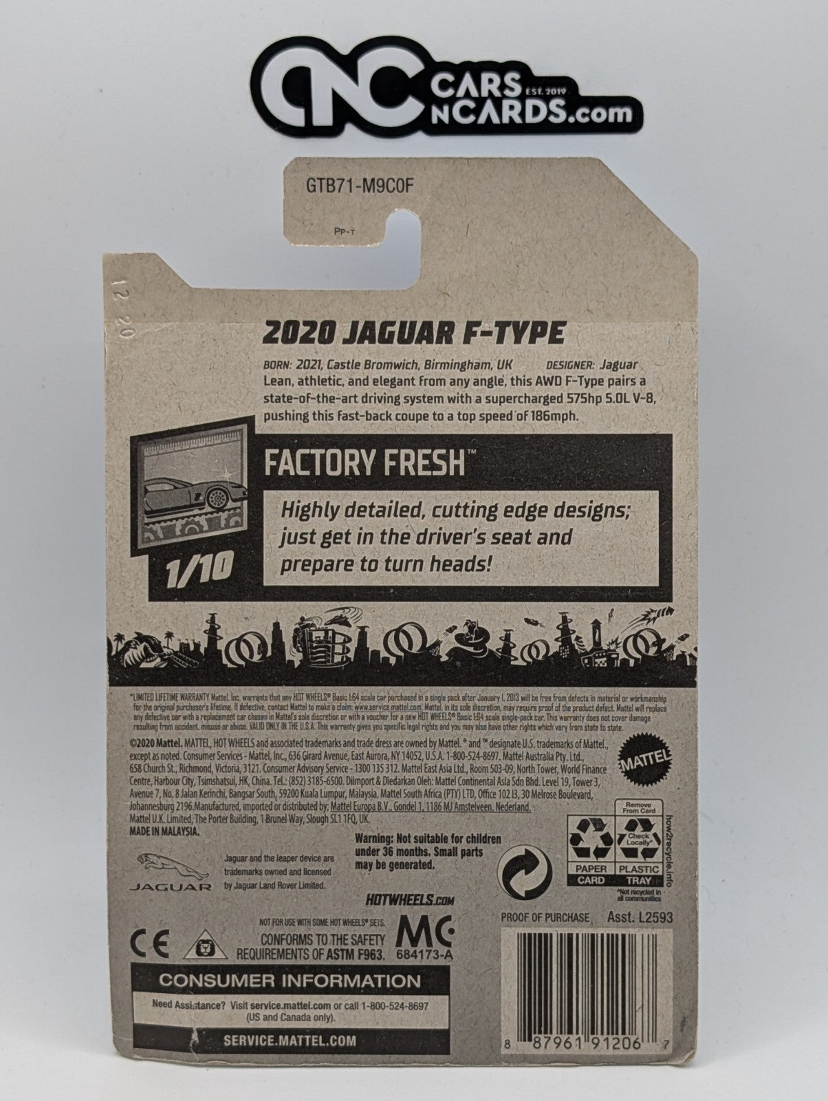 2021 Hot Wheels Factory Fresh 1/10 2020 Jaguar F-Type Silver (Damaged)
