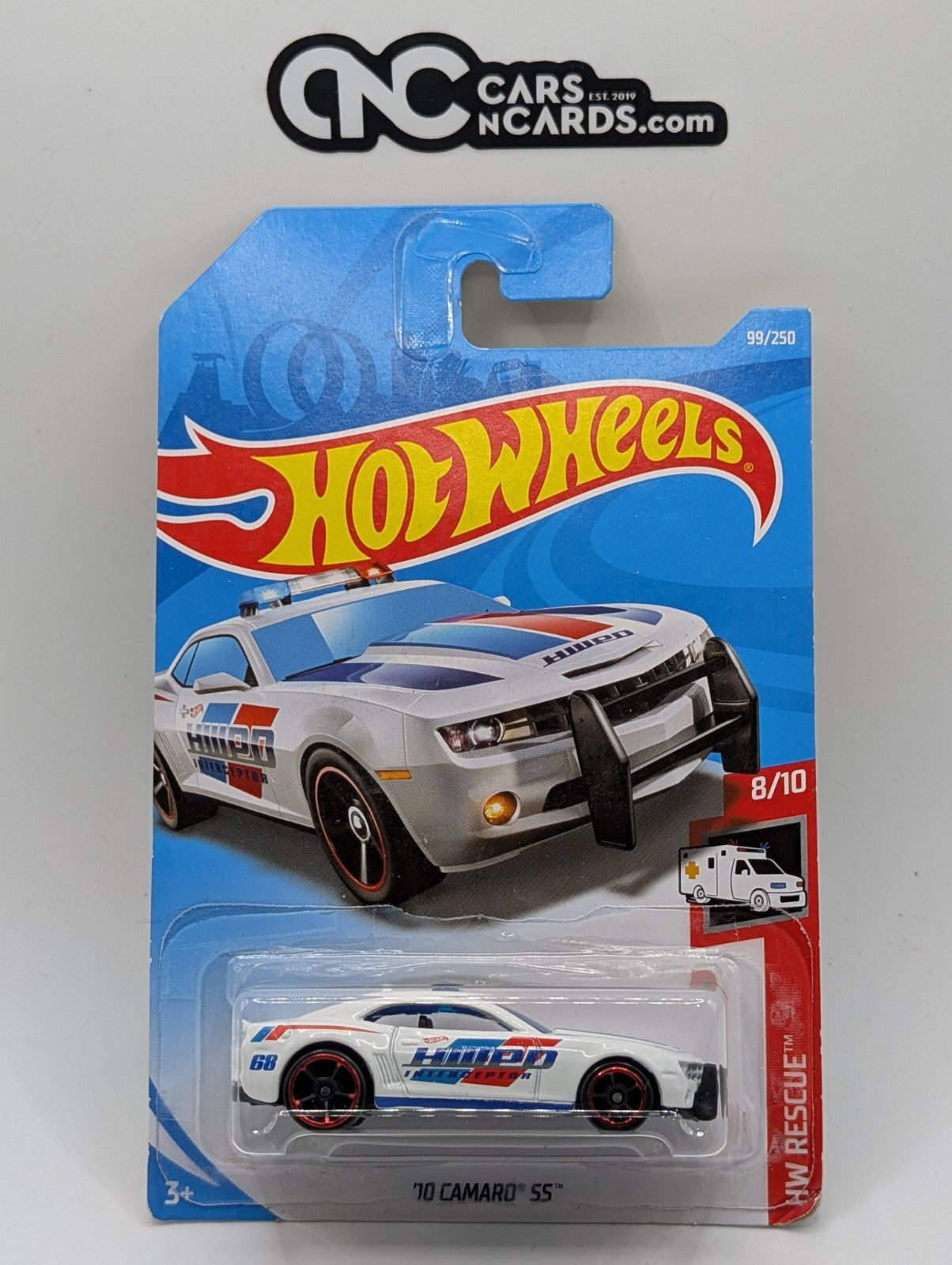 2019 Hot Wheels HW Rescue 8/10 '10 Camaro SS Police Car 99/250 (Card Damage)