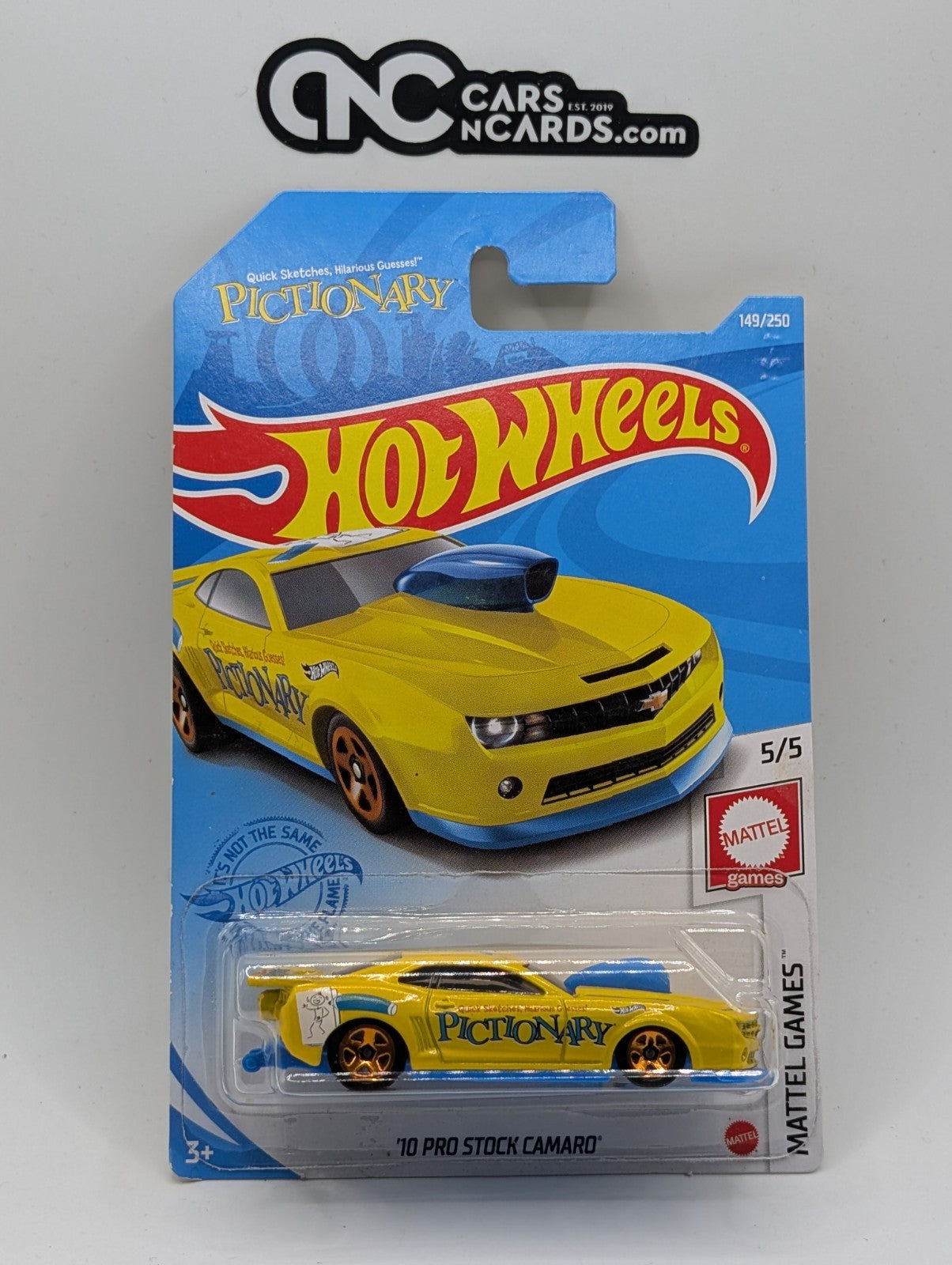 2021 Hot Wheels Mattel Games 5/5 '10 Pro Stock Camaro Yellow (Cracked Blister)