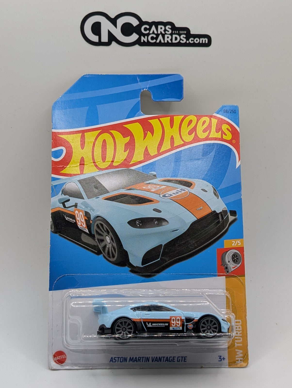 2023 Hot Wheels HW Turbo 2/5 Aston Martin Vantage GTE Blue (Card Damage)