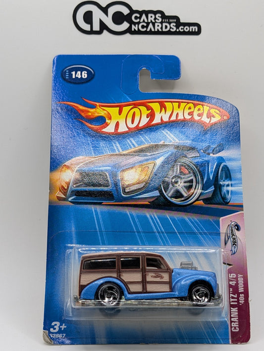 2004 Hot Wheels Crank Itz 4/5 '40s Woody Blue #146 (Card Damage)