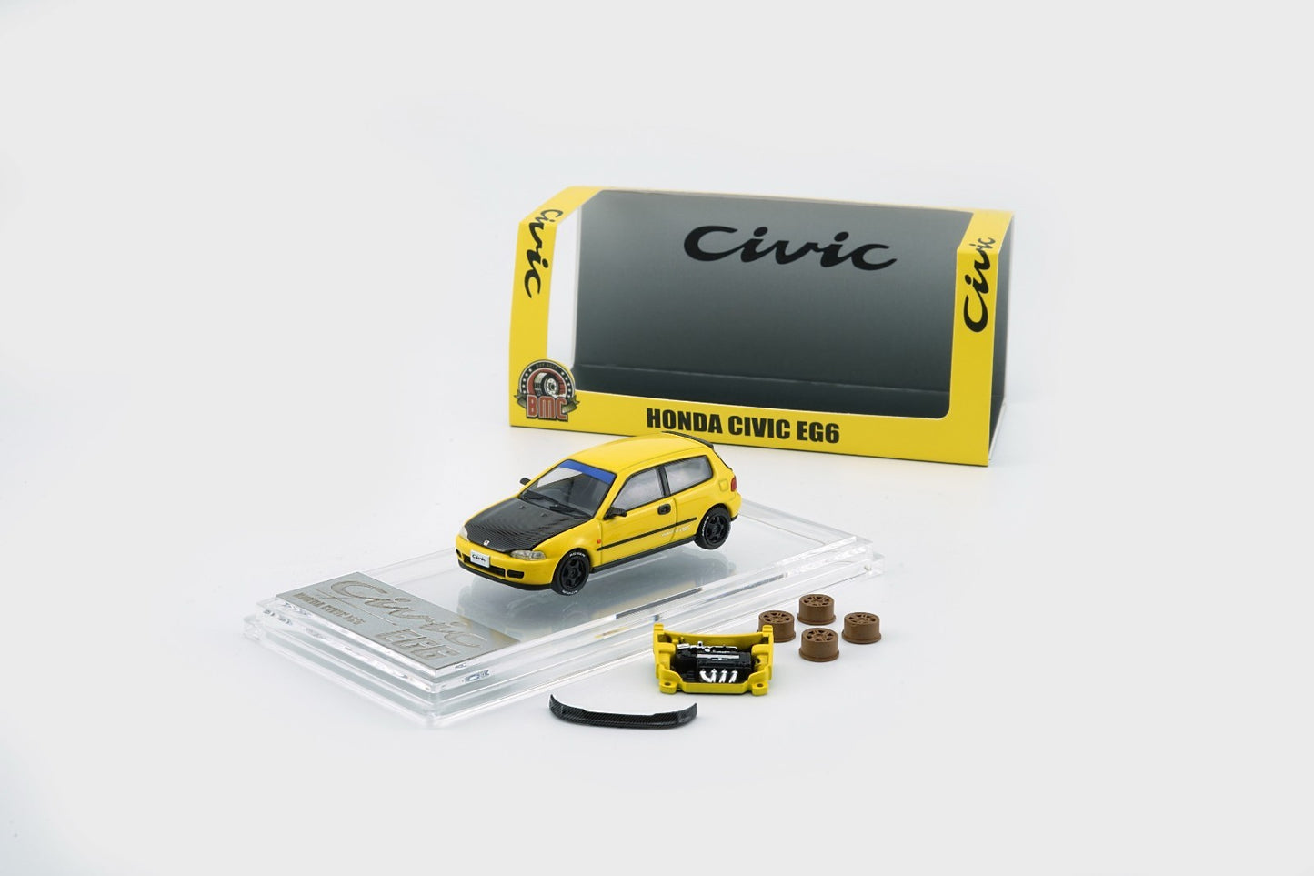 BM Creations 1:64 Honda EG6 - Yellow Carbon Bonnet RHD TAS HK 2025 Limited